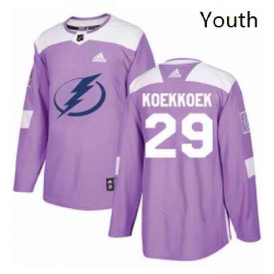 Youth Adidas Tampa Bay Lightning 29 Slater Koekkoek Authentic Purple Fights Cancer Practice NHL Jersey